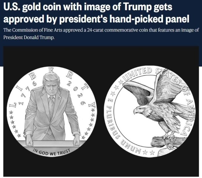 AQSh mustaqilligining 250 yilligi munosabati bilan Trampni portreti tushirilgan oltin tanga chiqaradi