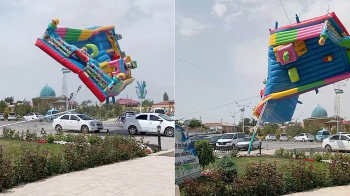 Navoiyda bolalar o‘ynaydigan "batut" qattiq shamolda uchib ketdi