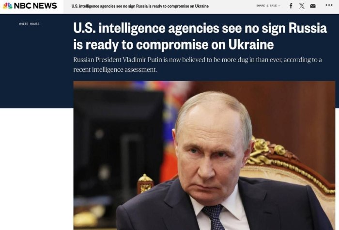 АҚШ разведкаси: "Путин Украинадаги урушни давом эттириш ниятида" АҚШ разведкаси: "Путин Украинадаги урушни давом эттириш ниятида"