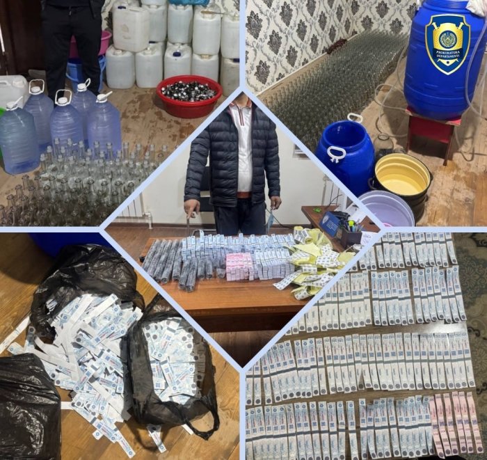 Qoraqalpog‘iston Respublikasida yashirin aroq sexidan 21 250 dona qalbaki aksiz marka, 480 litr spirt va boshqa mahsulotlar ashyoviy dalil sifatida olindi Qoraqalpog‘iston Respublikasida yashirin aroq sexidan 21 250 dona qalbaki aksiz marka, 480 litr spirt va boshqa mahsulotlar ashyoviy dalil sifatida olindi