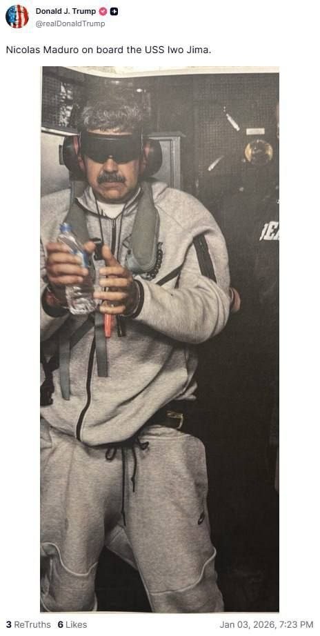 Трамп Мадуронинг АҚШ ҳарбийлари томонидан қўлга олинганидан кейинги фотосуратини эълон қилди