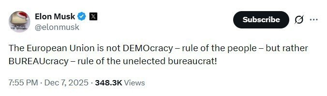 Илон Маск: “Европа Иттифоқи — бу демократия эмас, балки бюрократия”