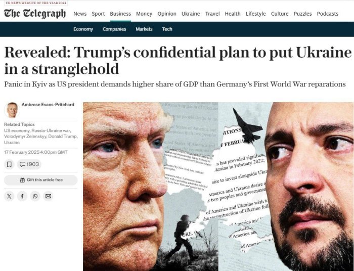 Трампнинг Украина ресурсларидан фойдаланиш бўйича шартлари урушдан кейин Германияга юклатилган репарациялардан ҳам оғирроқдир