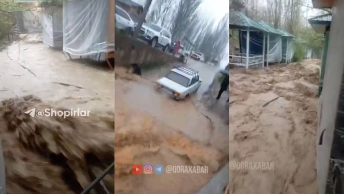 Kuchli yomg‘ir sabab Parkentdagi So‘qoq qishlog‘ini suv bosdi