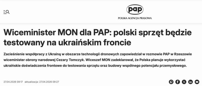 Polsha o‘z harbiy texnikasini Ukrainadagi jang maydonlarida sinovdan o‘tkazadi