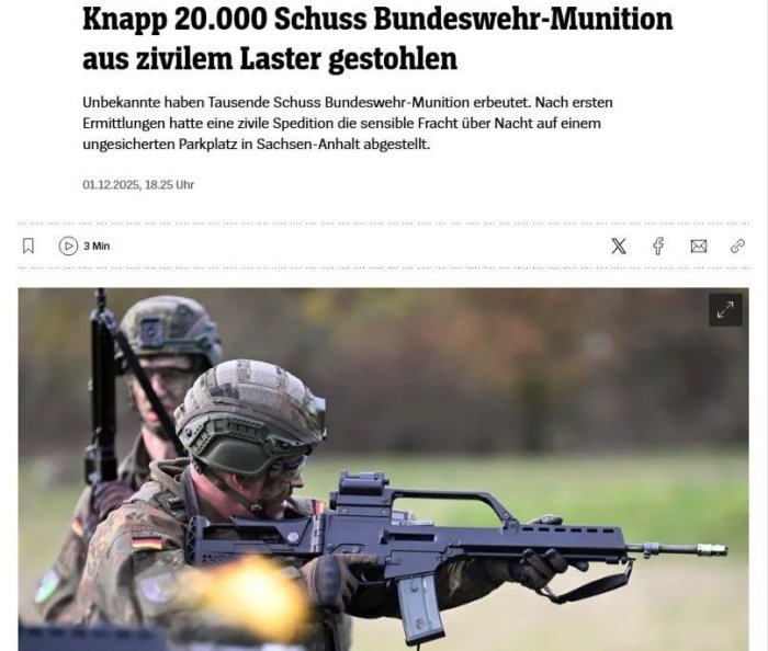 Германияда мамлакат армиясига учун мўлжалланган 20 минг дона патрон ўғирлаб кетилди
