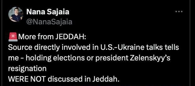 Саудия Арабистонидаги музокараларда Зеленскийнинг истеъфоси ва Украинадаги сайловлар муҳокама қилинмади