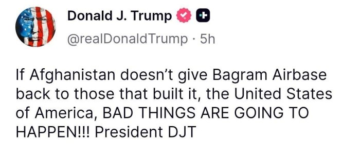  Трамп “Толибон” Баграм авиабазасини АҚШга қайтармаса, Афғонистон салбий оқибатларга дуч келишидан огоҳлантирди