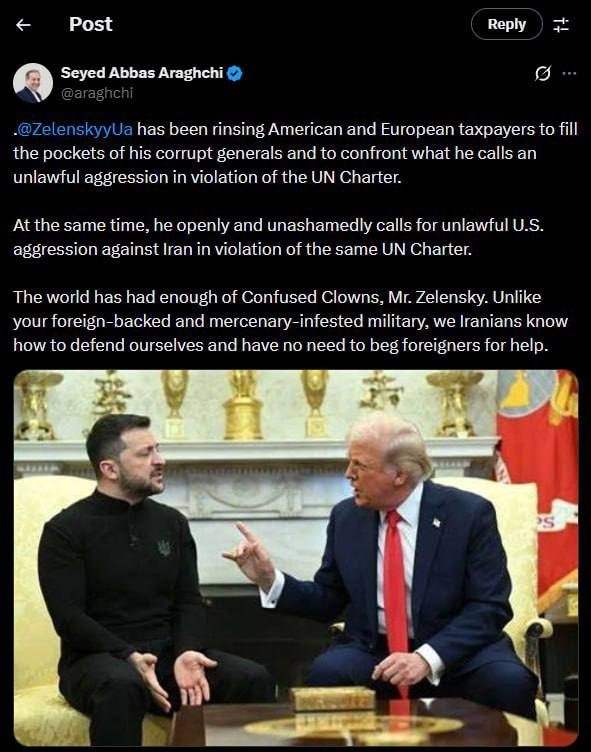 Ароқчи Зеленскийга Эрон Украинага ўхшаб четдан ёрдам сўрамаслигини айтди 