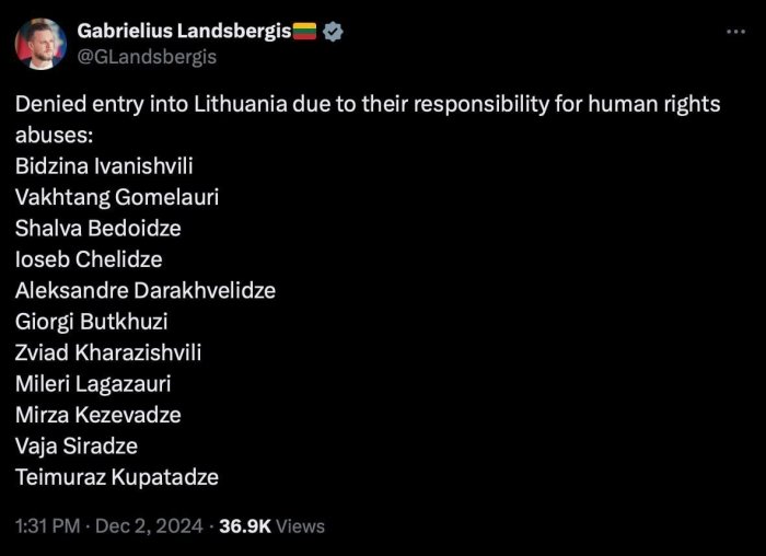 Болтиқбўйи мамлакатлари “Грузия орзуси” партияси асосчиси ва Грузия Ички ишлар вазирлиги ходимларининг мамлакатга киришини тақиқлади