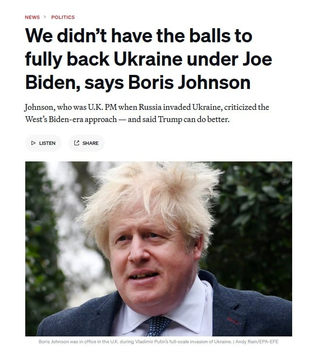 Bayden davrida G‘arb siyosatchilarida Ukrainani to‘liq qo‘llab-quvvatlash uchun jasorat yetishmagan - Buyuk Britaniya sobiq bosh vaziri Boris Jonson