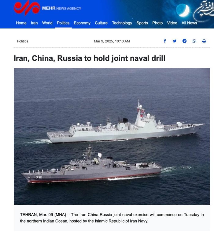 Rossiya, Xitoy va Eron Hind okeanida qo‘shma harbiy mashg‘ulotlar o‘tkazadi