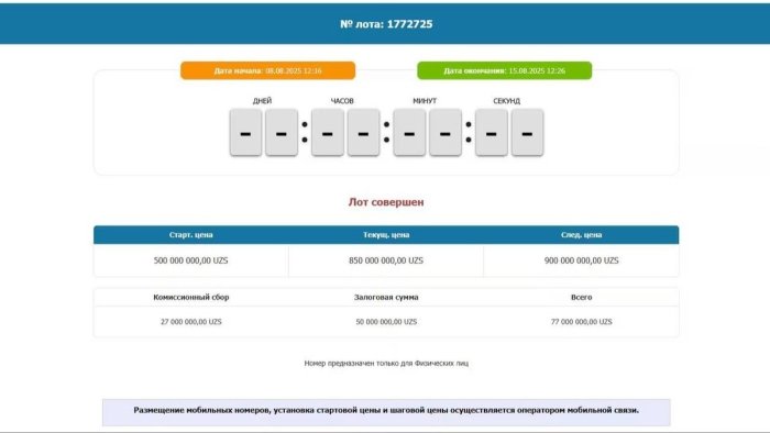 O‘zbekistonda yettita noli bor telefon raqami 850 mln so‘mga sotildi