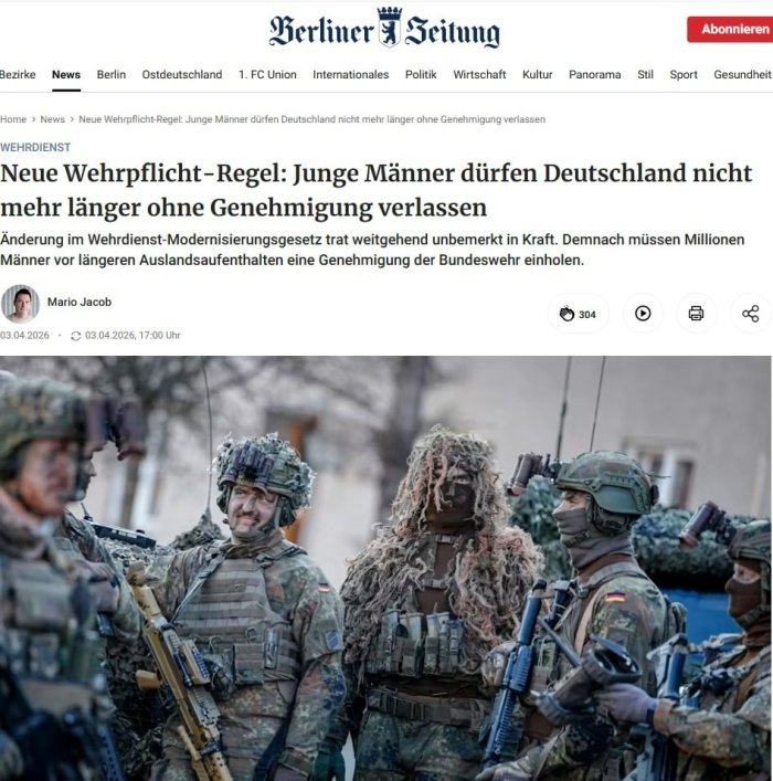 Germaniyada 17 yoshdan 45 yoshgacha bo‘lgan erkaklarning chet elga chiqishi nazoratga olinadi