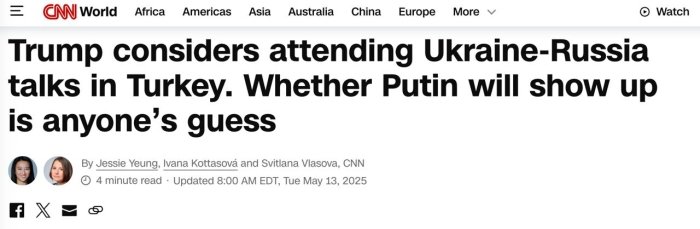 Трампнинг Украина ва Россия музокаралари учун Истанбулга ташрифи Путиннинг иштирокига боғлиқ