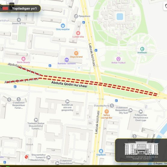 Абдулла Қодирий ва Лабзак кўчаси кесишмасидаги кўприкда олиб борилаётган ишлар 22 июлгача давом этади
