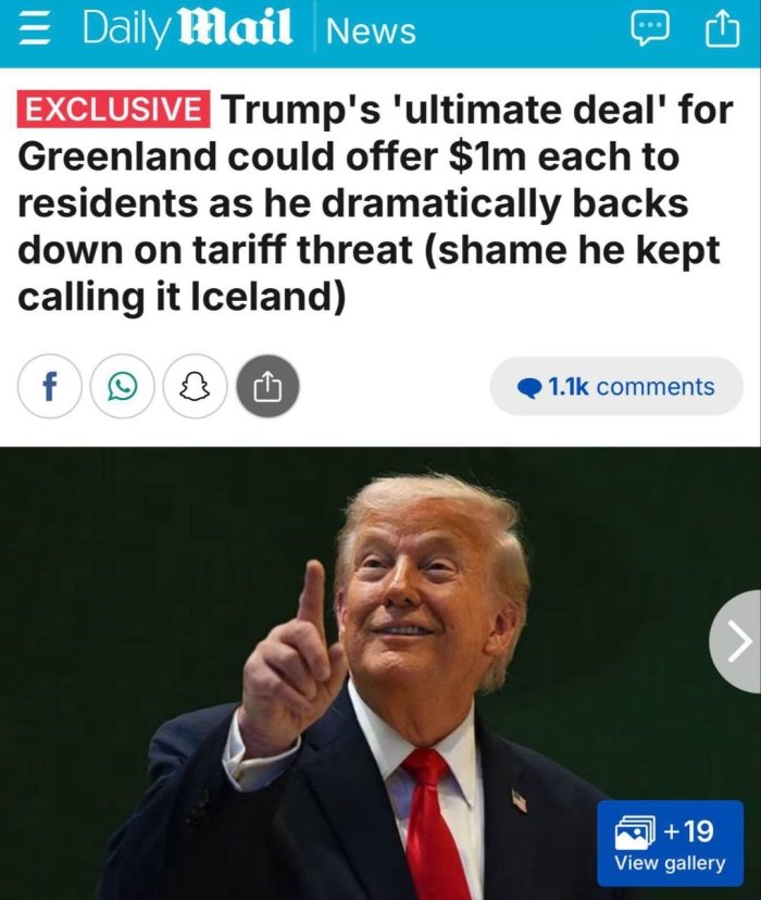 Трамп агар Гренландия аҳолисига 1 миллион доллардан бермоқчи