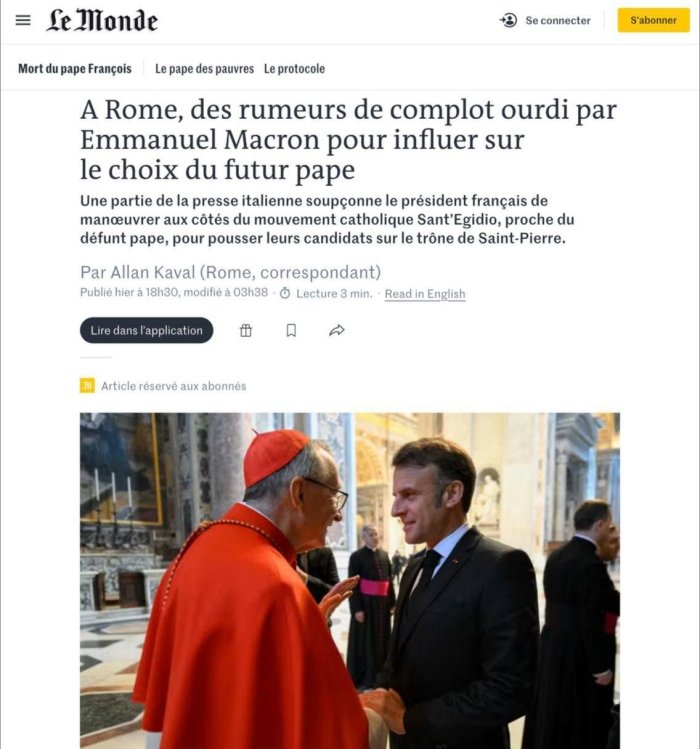 Italiyada Makronni Rim papasi saylovlariga ta’sir o‘tkazishga va taxtga o‘z nomzodini ilgari surishga urinishda gumon qilishmoqda — Le Monde