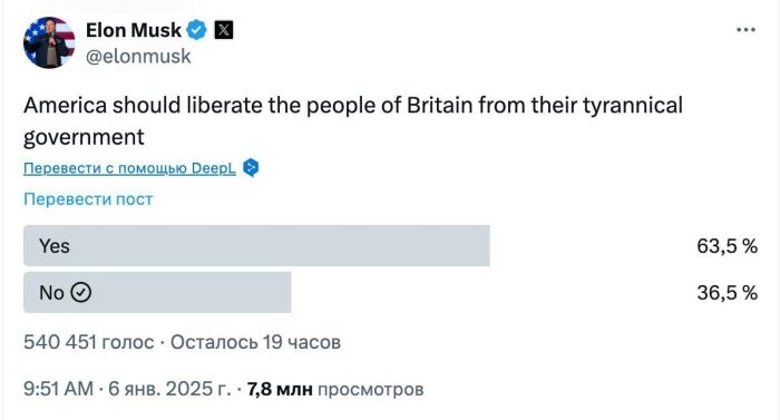 Mask Britaniyada hokimiyatni o‘zgartirishga chaqirishda davom etmoqda