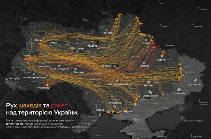  Rossiya tunda Ukraina bo‘ylab 26 ta raketa va 597 ta dron uchirdi — Ukraina Qurolli kuchlari 