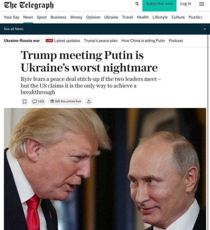The Telegraph: Трамп ва Путин учрашуви — Украина учун “энг даҳшатли туш” каби бўлади