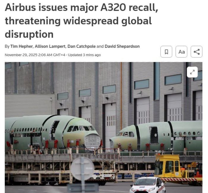Airbus'нинг минглаб самолётлари ускуналарида носозлик мавжудлигини маълум қилди