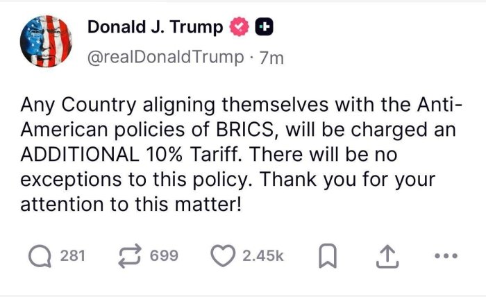  Трамп BRICS давлатлари учун 10 фоизлик махсус бож жорий қилмоқчи