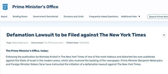 Isroil The New York Times nashrini sudga beradi