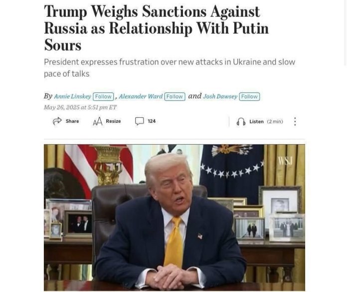  WSJ: Tramp Rossiyaga qarshi sanksiyalar joriy qilishi yoki Ukraina bo‘yicha muzokaralardan chiqishi mumkin