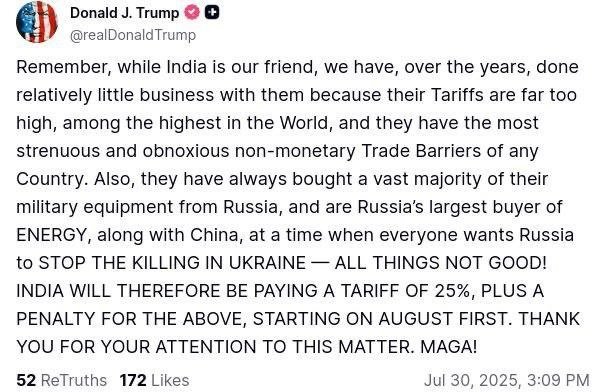 Tramp Hindistondan importga 25 foizlik tariflar joriy etilishini e’lon qildi