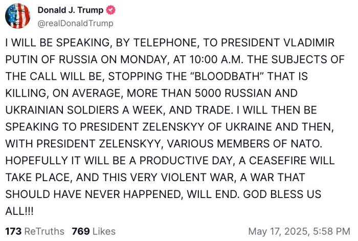 Трампдан муҳим хабар: Путин ва Зеленский билан душанба куни тарихий суҳбат!