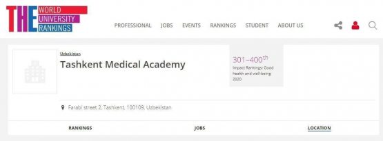 Toshkent tibbiyot akademiyasi dunyo universitetlari reytingida dastlabki natijaga erishdi