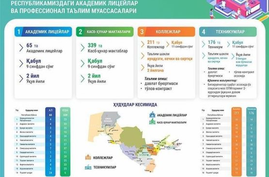 Yangi o‘quv yilidan 9 va 11-sinf bitiruvchilari ta’limni kasb-hunar maktablari, kollejlar va texnikumlarda davom ettirishlari mumkin
