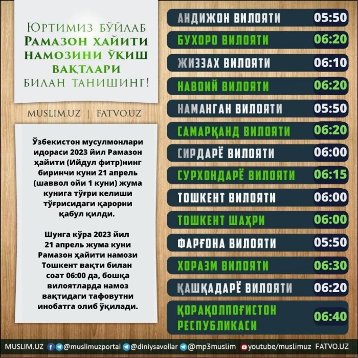 RAMAZON HAYITI NAMOZINI O‘QISh VAQTLARI BILAN TANISHING