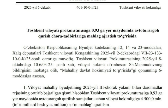 Prokurorlar uchun 4,5 milliard so‘mga avtoturargoh qurilarkan