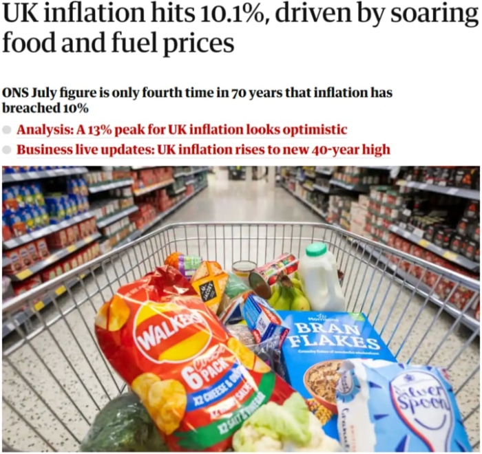 Буюк Британияда инфляция 40 йил ичида биринчи марта 10 фоиздан ошди