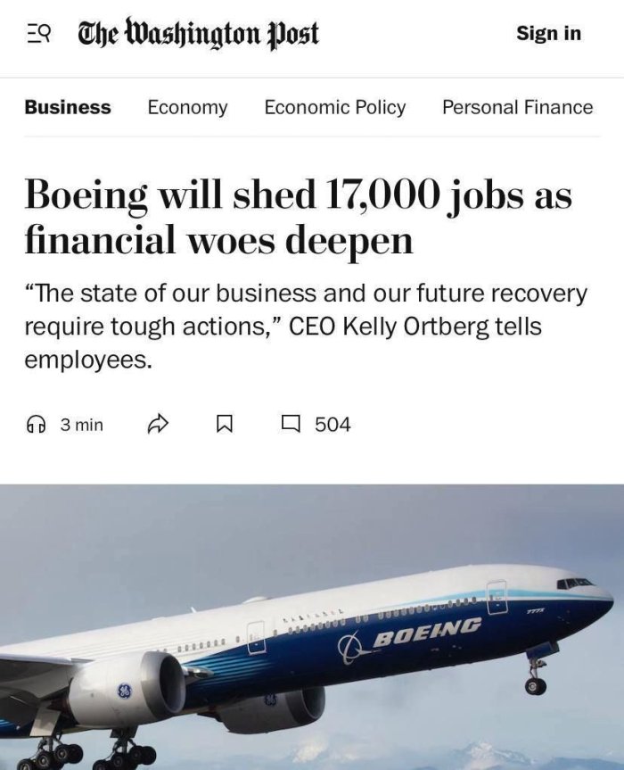 Boeing ish joylarini 10 foizga qisqartirishini e’lon qildi