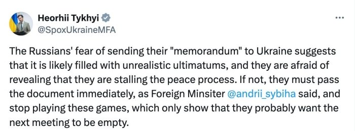 Rossiya haqiqatga to‘g‘ri kelmaydigan ultimatumlar tufayli "memorandum"ni topshirishdan cho‘chiyapti - Ukraina TIV