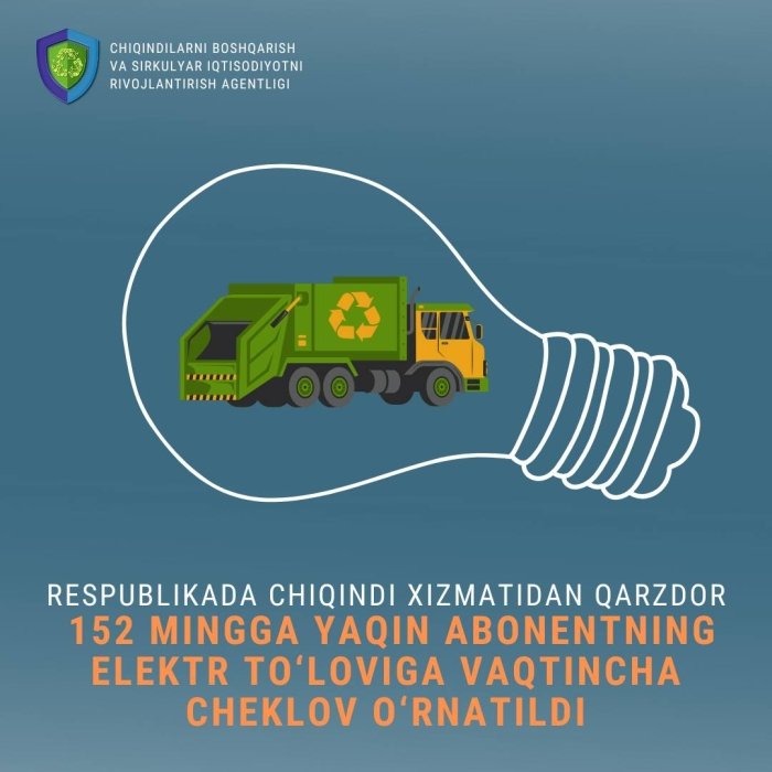Чиқинди хизматидан қарздор 152 мингга яқин абонентнинг электр тўловига вақтинча чеклов ўрнатилди