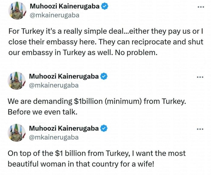 Uganda prezidentining o‘g‘li Turkiyadan 1 mlrd dollar va “mamlakatning eng go‘zal ayoli”ni berishni talab qildi