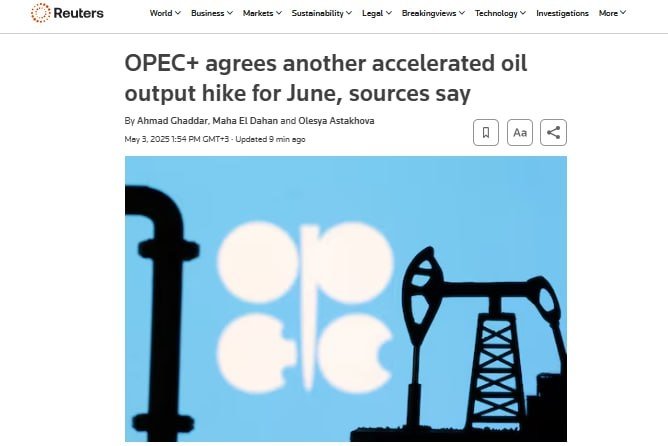 ОПЕК+ мамлакатлари бугун июн ойида нефть қазиб олишни янада оширишга келишиб олишди, - Reuters