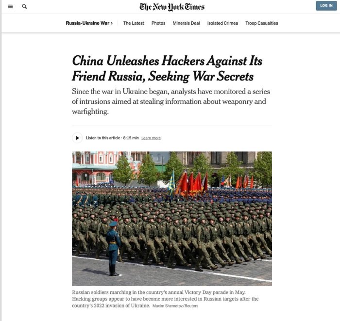 Xitoy xakerlari Ukraina urushi boshlangandan so‘ng Rossiya harbiy sirlarini o‘g‘irlashga harakat qilmoqda