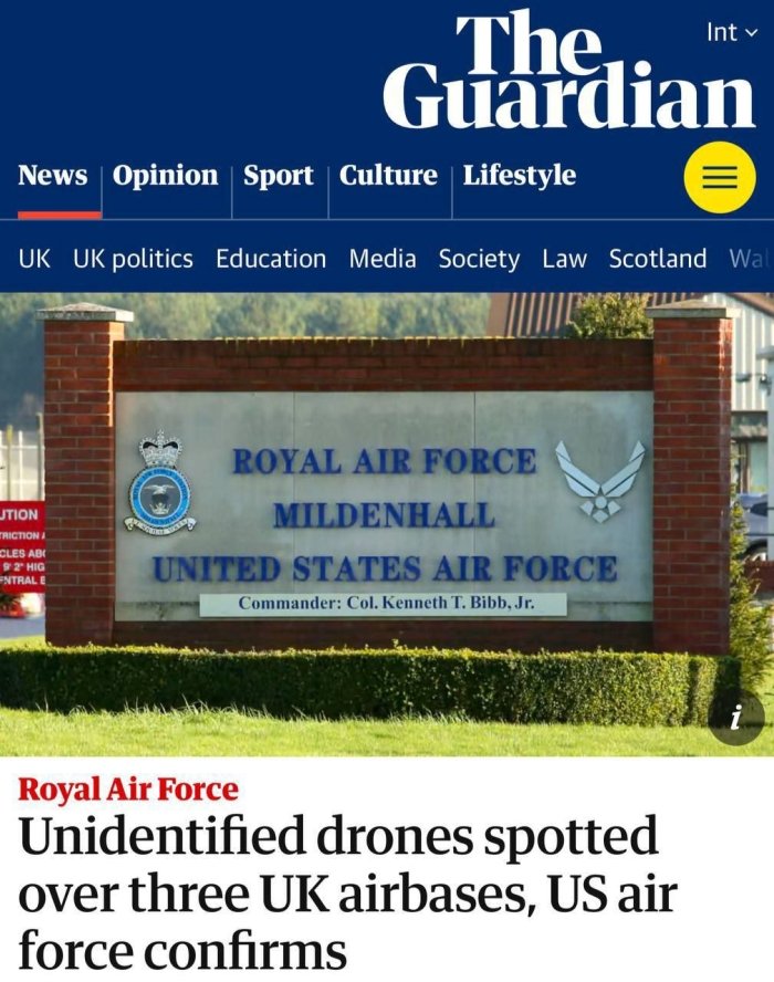 Buyuk Britaniya harbiy-havo kuchlari bazalari ustida noma’lum dronlar aniqlandi — The Guardian 