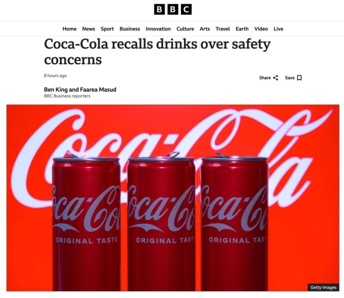 Cоcа-Cola Белгия, Люксембург ва Нидерландияги ўз маҳсулотларини сотувдан қайтариб олди 