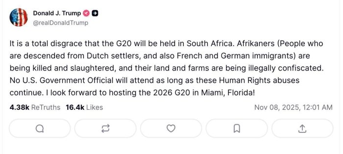 Трамп G20 саммитининг Жанубий Африкада ўтказилишини “ҳақиқий шармандалик” деб атади ва ҳеч қайси америкалик амалдор у ерга бормаслигини айтди