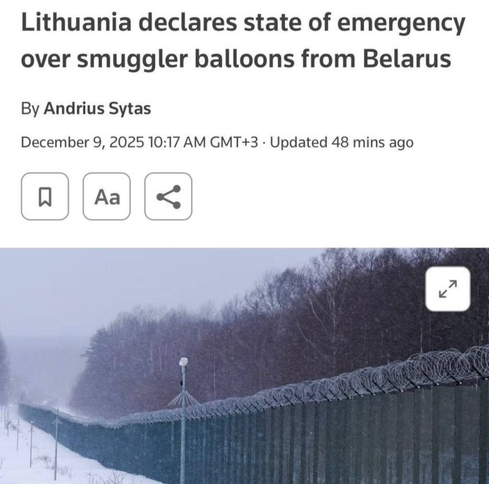 Litvada Belarusdan kontrabanda olib kelayotgan havo sharlari tufayli favqulodda holat e’lon qilindi — Reuters 