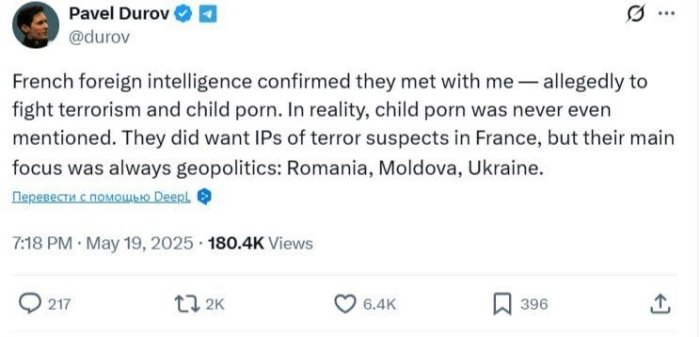 Павел Дуров яна Франция махсус хизматларини Европадаги, жумладан Украинадаги сиёсатга Telegram орқали таъсир кўрсатишга уринишда айблади