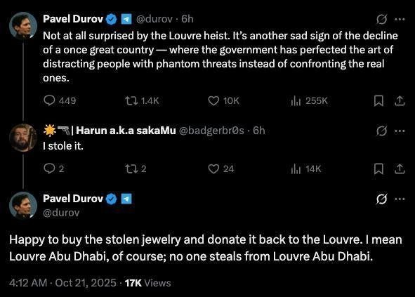  Durov Luvrdan o‘g‘irlangan buyumlarni sotib olmoqchi ekanini ma’lum qildi