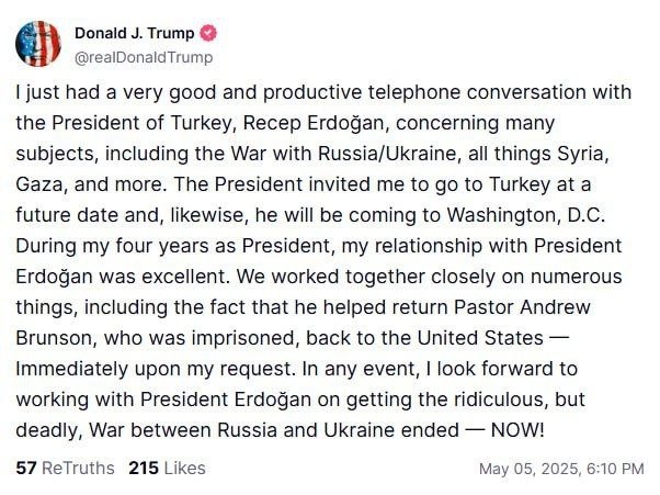 "Эрдўған билан бирга тинчлик қиламиз” — Трампдан Украинадаги уруш ҳақида баёнот