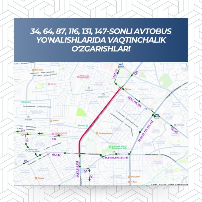  Toshkentda 6 ta avtobus yo‘nalishi vaqtincha o‘zgaradi